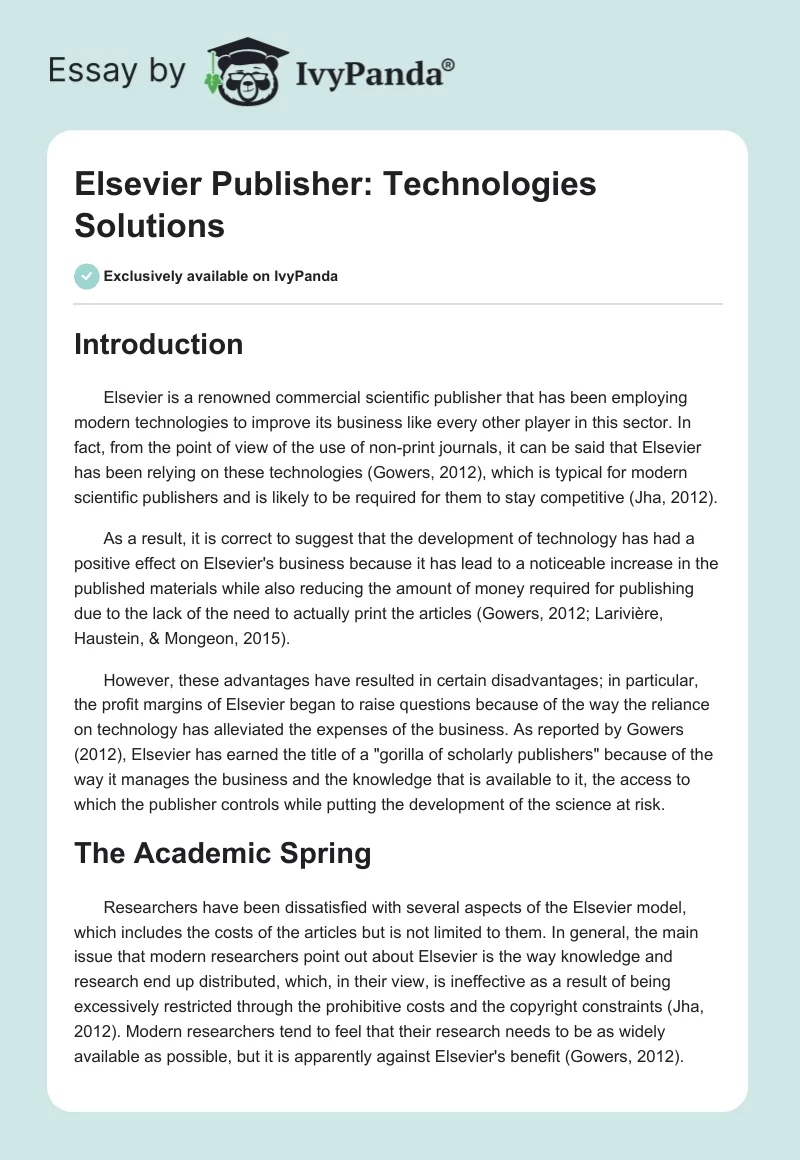 Elsevier Publisher: Technologies Solutions. Page 1
