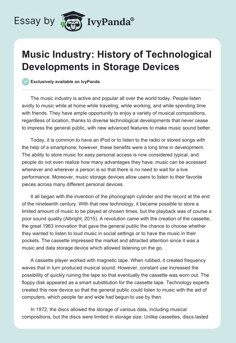 Music Industry: History of Technological Developments in Storage Devices. Page 1