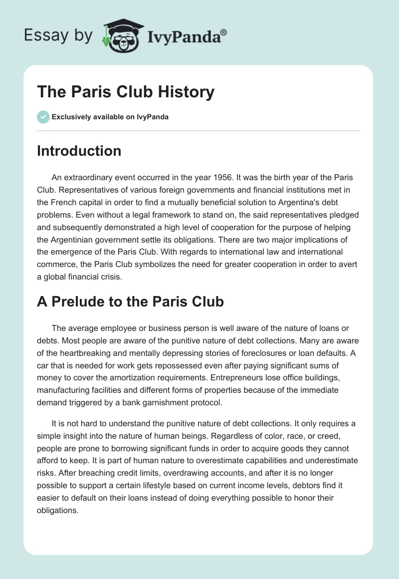 The Paris Club History. Page 1