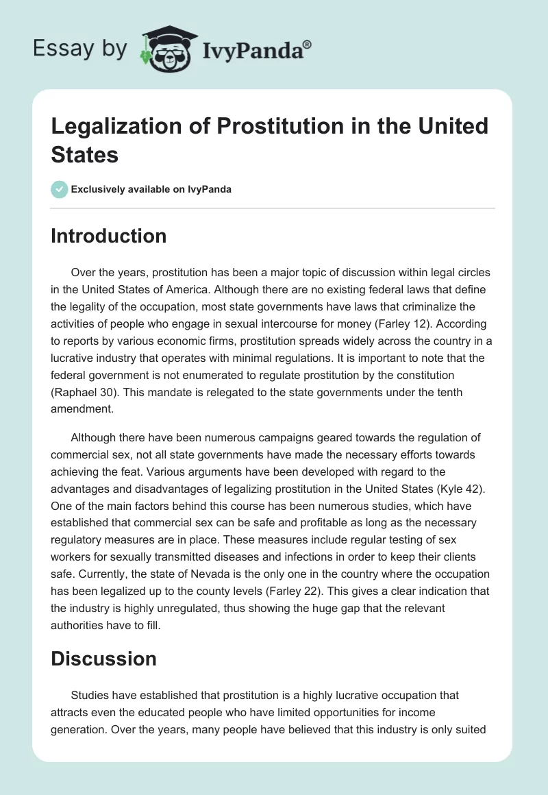 Legalization of Prostitution in the United States. Page 1