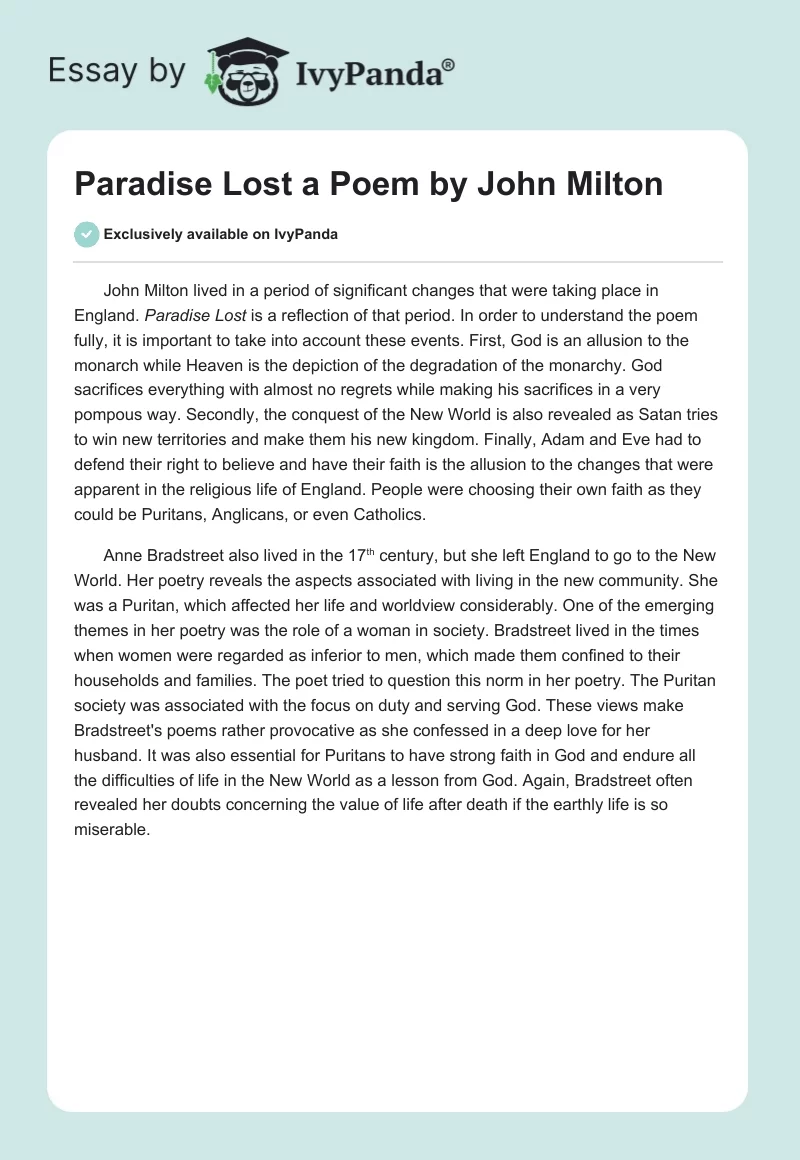 "Paradise Lost" a Poem by John Milton. Page 1