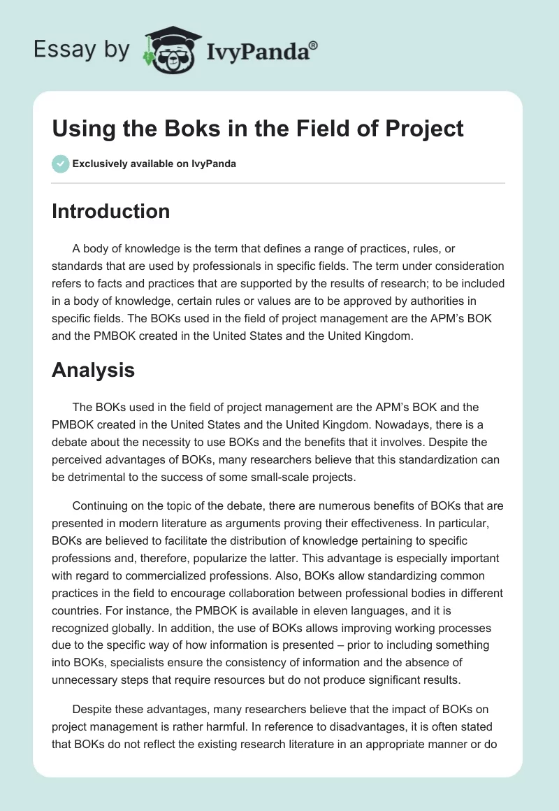 Using the Boks in the Field of Project. Page 1