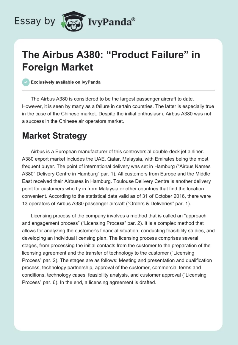 The Airbus A380: “Product Failure” in Foreign Market. Page 1