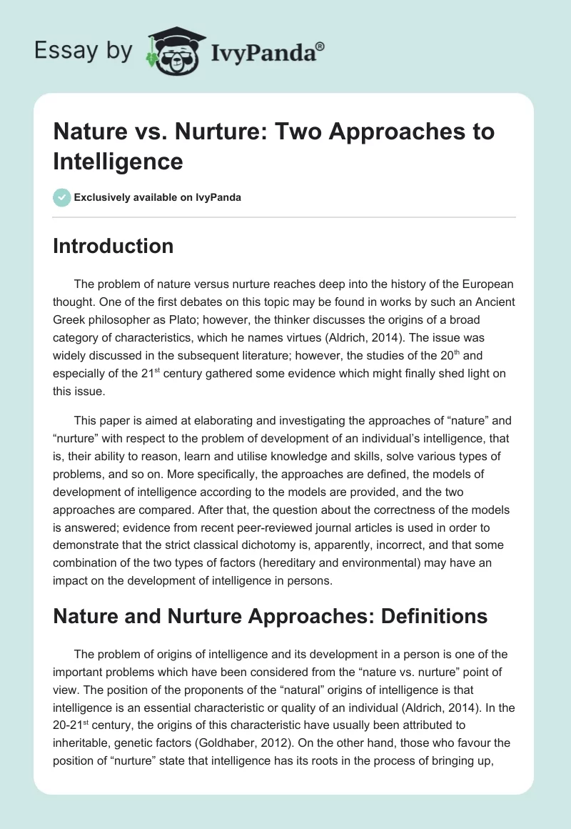 Nature vs. Nurture: Two Approaches to Intelligence - 1719 Words | Essay ...