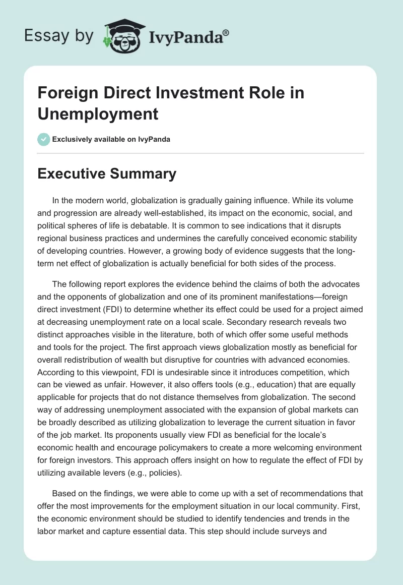 Foreign Direct Investment Role in Unemployment. Page 1
