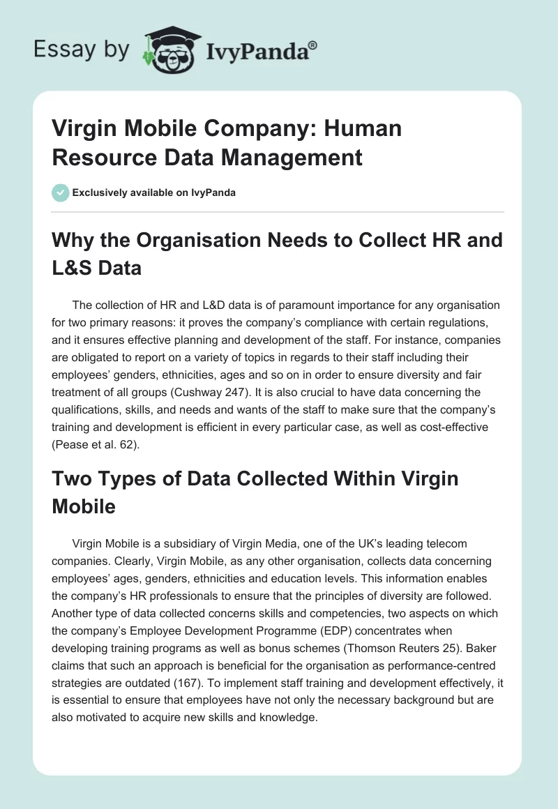 Virgin Mobile Company: Human Resource Data Management. Page 1