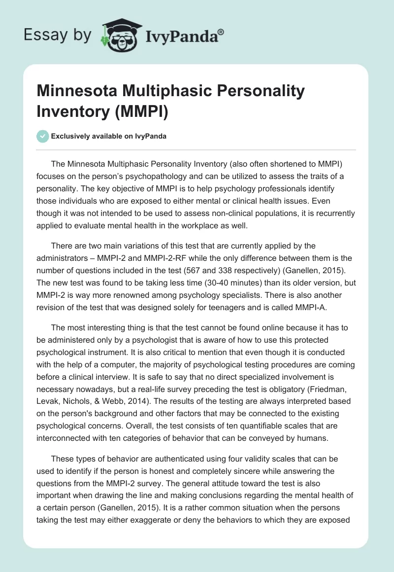 Minnesota Multiphasic Personality Inventory (MMPI). Page 1