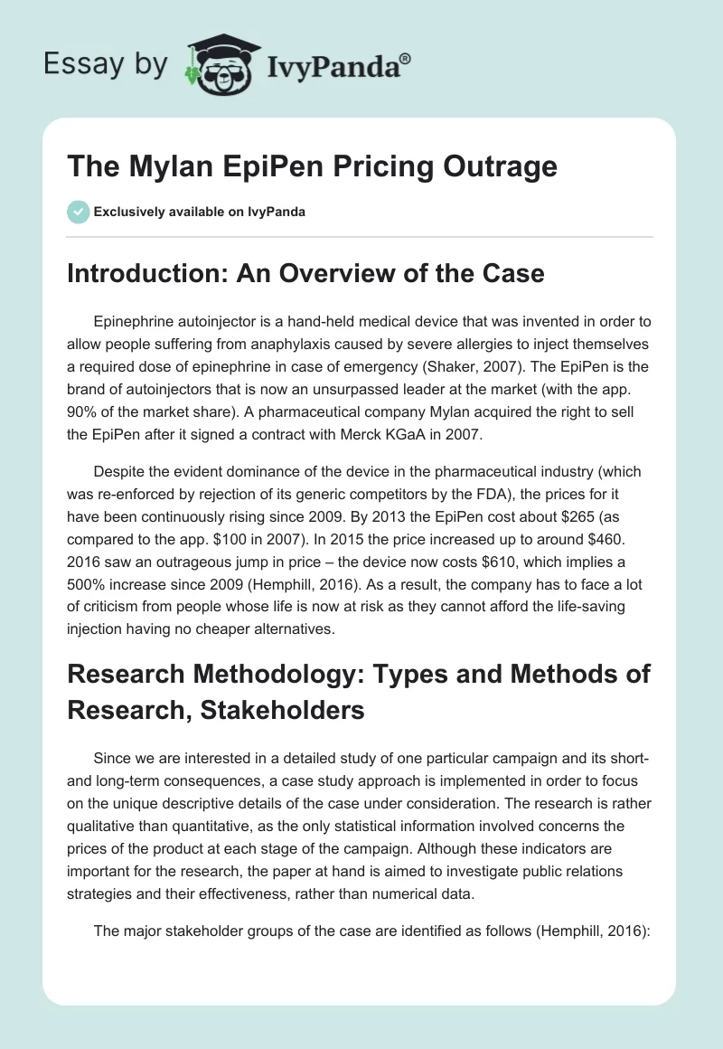 The Mylan EpiPen Pricing Outrage. Page 1