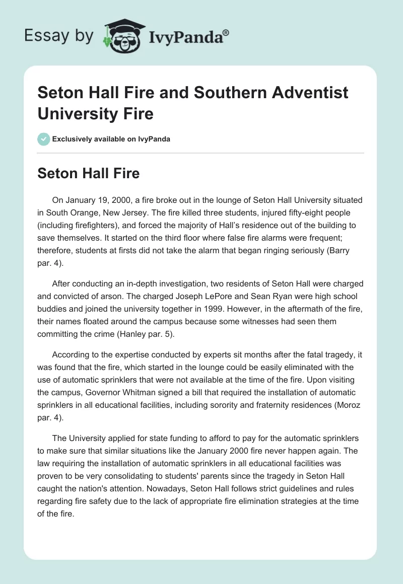 Seton Hall Fire and Southern Adventist University Fire. Page 1