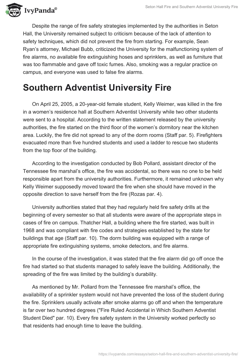 Seton Hall Fire and Southern Adventist University Fire. Page 2