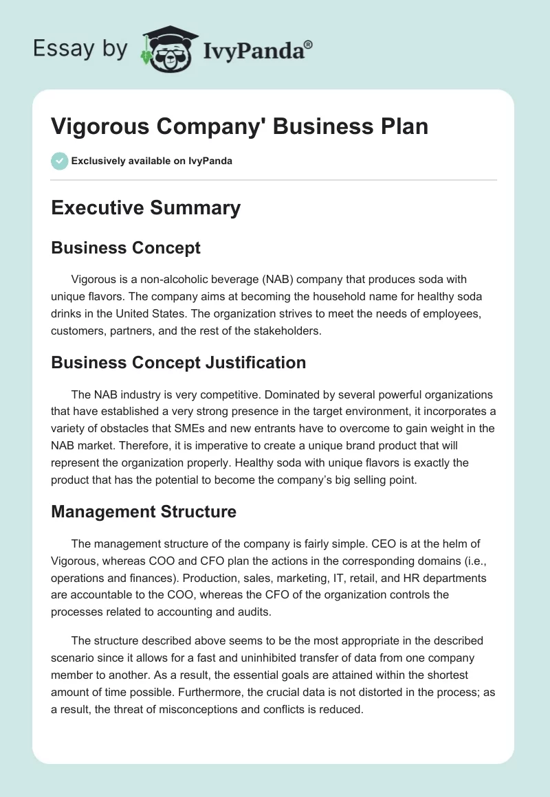 Vigorous Company' Business Plan. Page 1