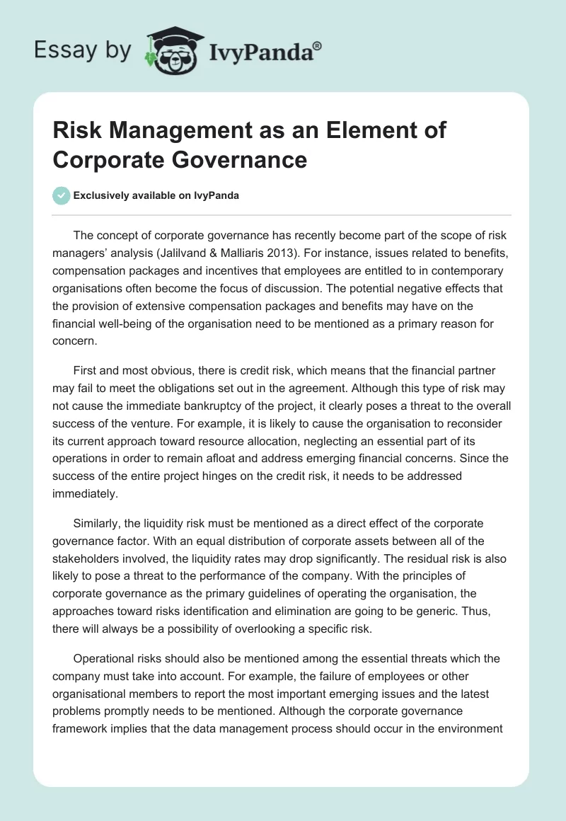 Risk Management as an Element of Corporate Governance. Page 1