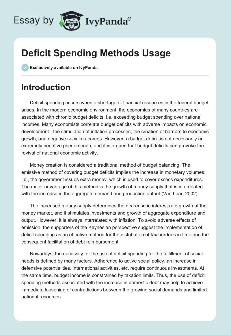 Deficit Spending Methods Usage. Page 1