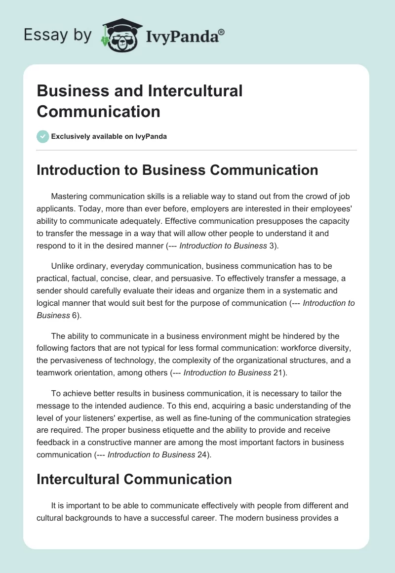 Business and Intercultural Communication. Page 1