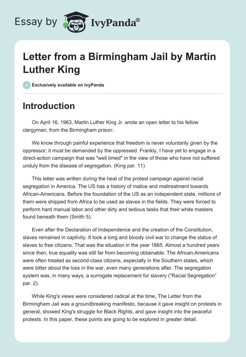 "Letter from a Birmingham Jail" by Martin Luther King. Page 1