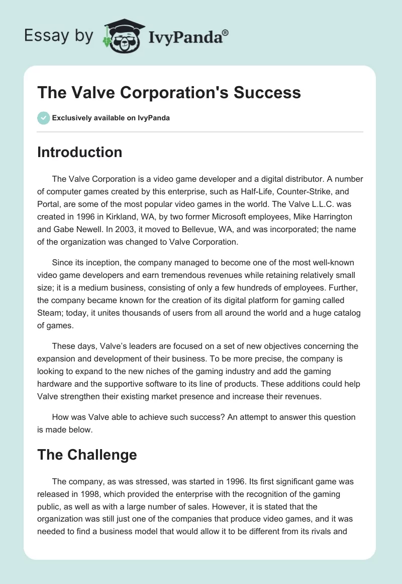 The Valve Corporation's Success. Page 1