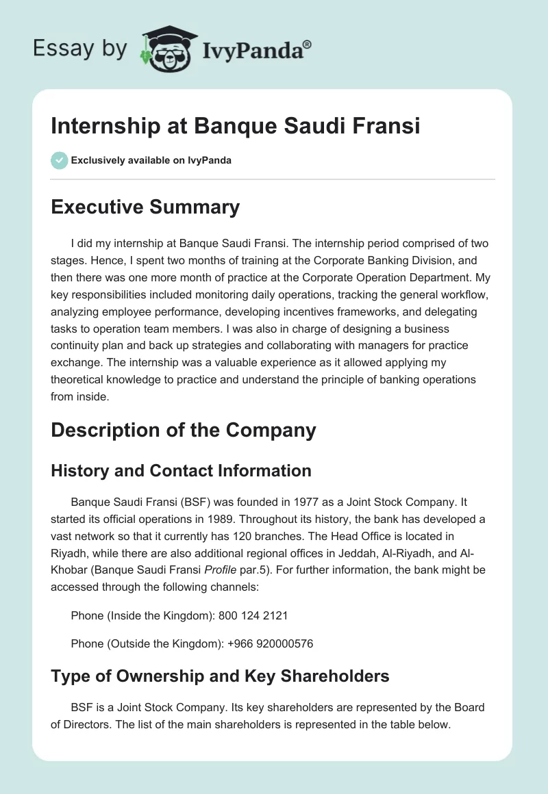 Internship at Banque Saudi Fransi. Page 1
