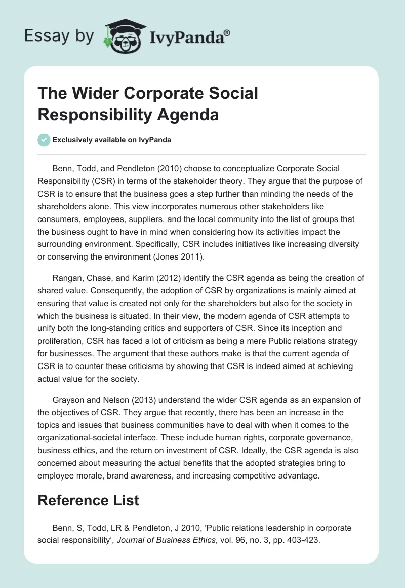The Wider Corporate Social Responsibility Agenda. Page 1
