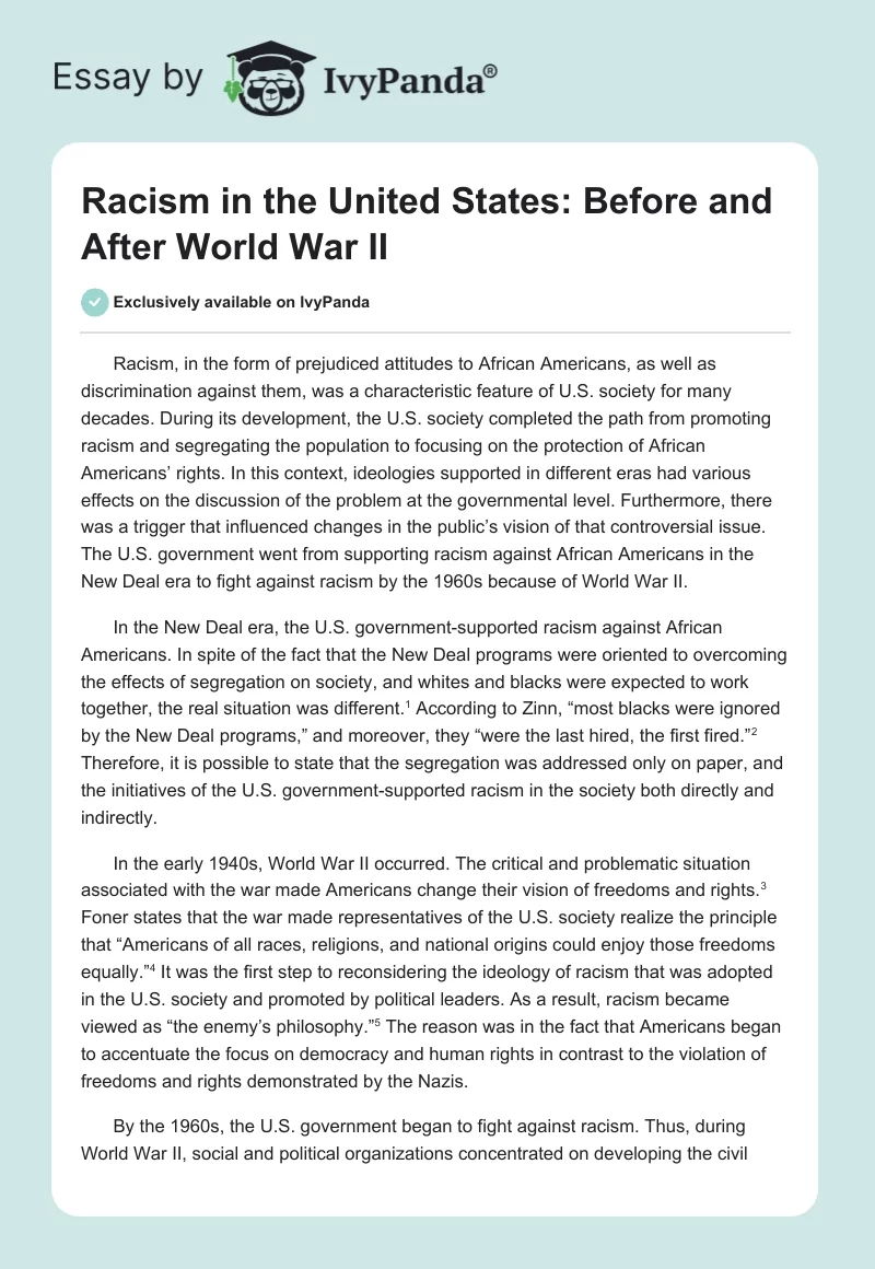 Racism in the United States: Before and After World War II. Page 1