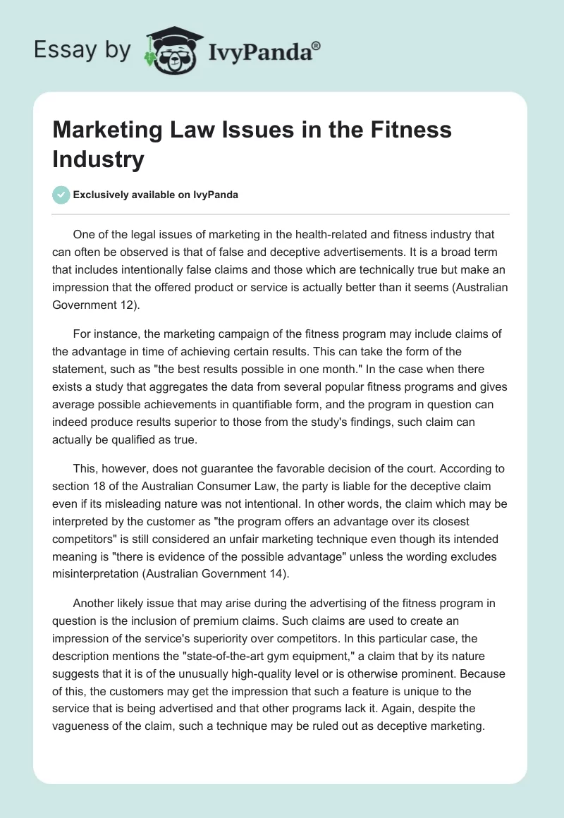 Marketing Law Issues in the Fitness Industry. Page 1