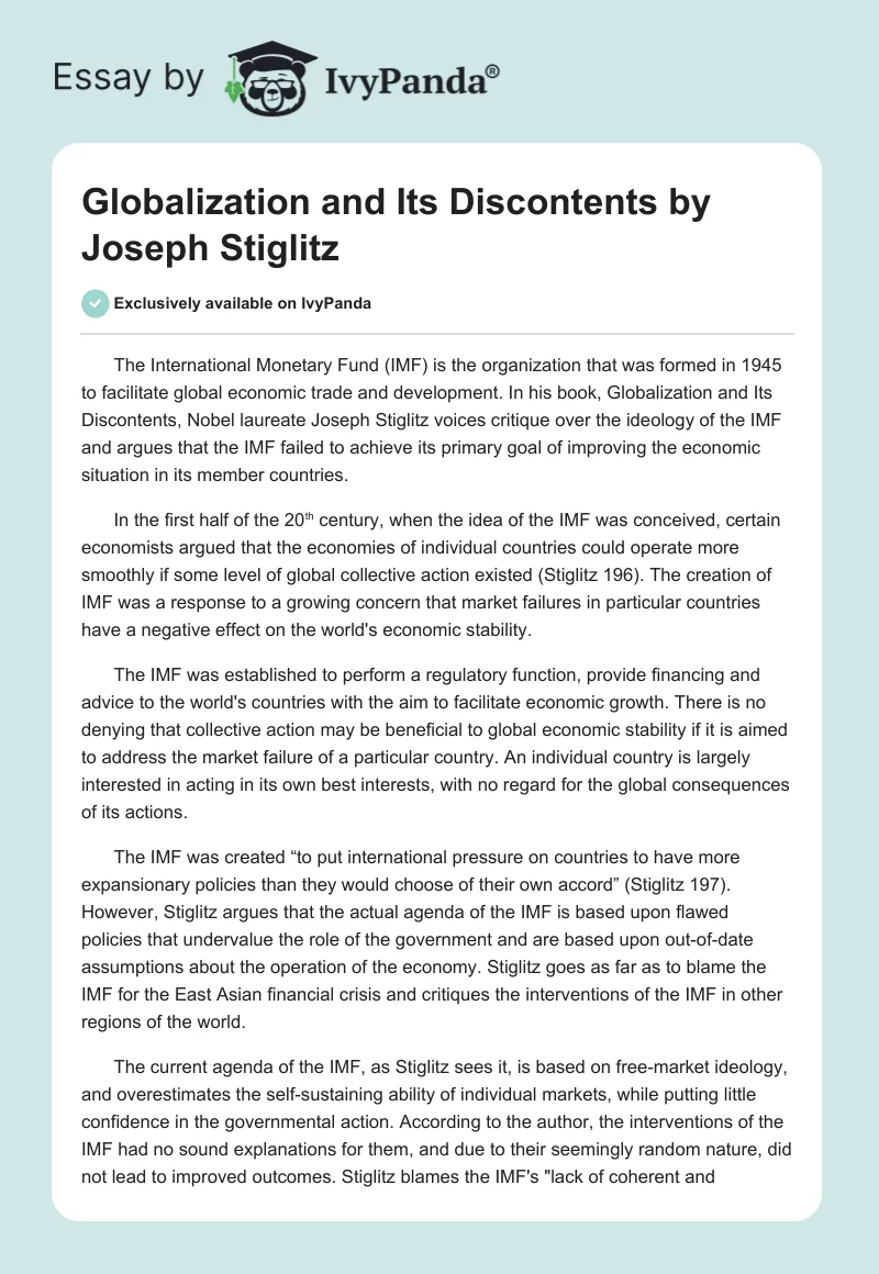 "Globalization and Its Discontents" by Joseph Stiglitz. Page 1
