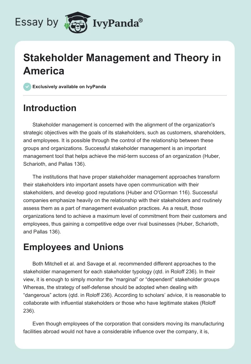 Stakeholder Management and Theory in America. Page 1