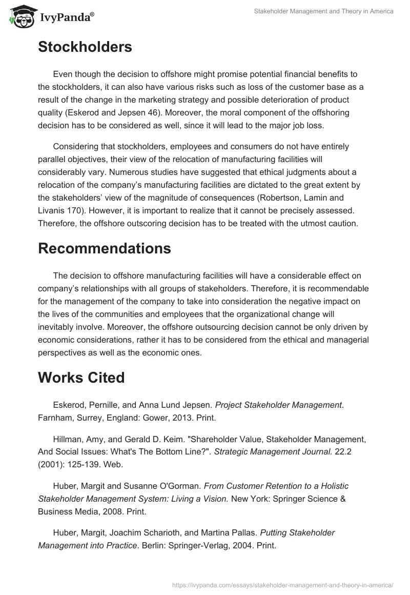 Stakeholder Management and Theory in America. Page 3