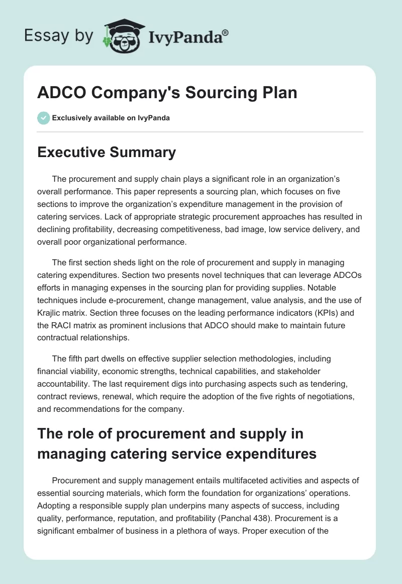 ADCO Company's Sourcing Plan. Page 1