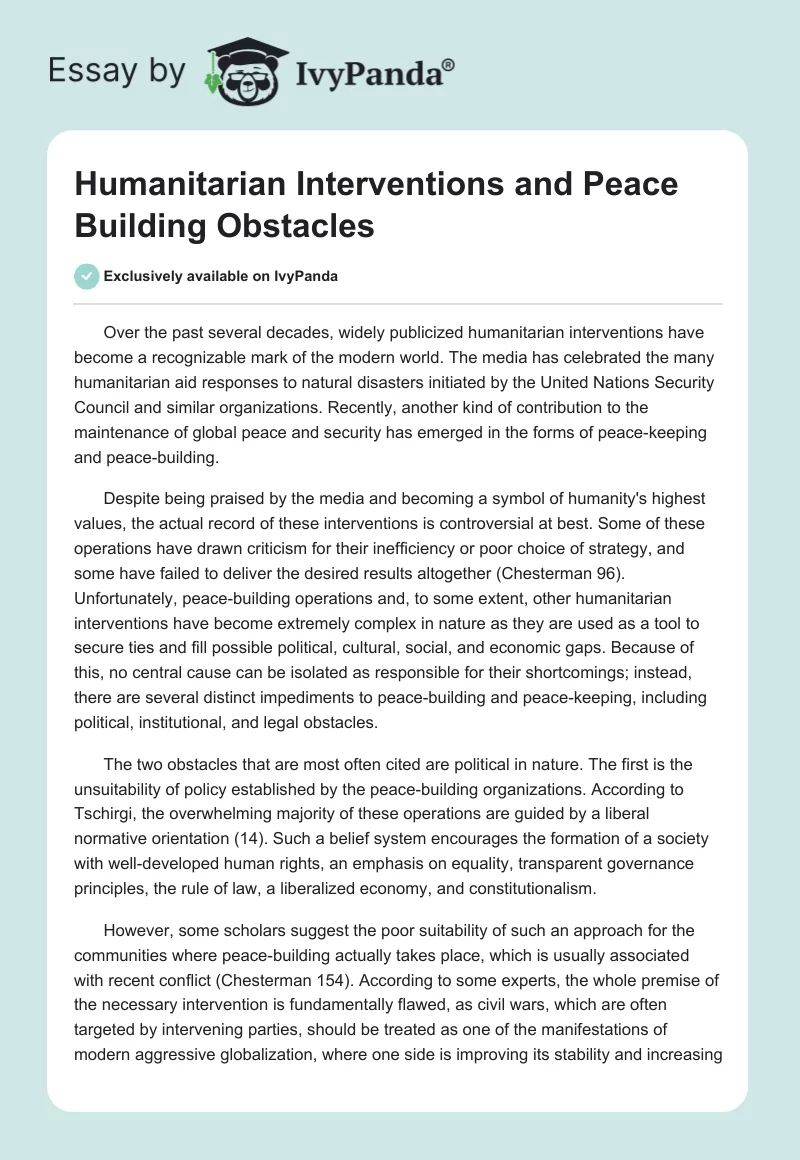 Humanitarian Interventions and Peace Building Obstacles. Page 1