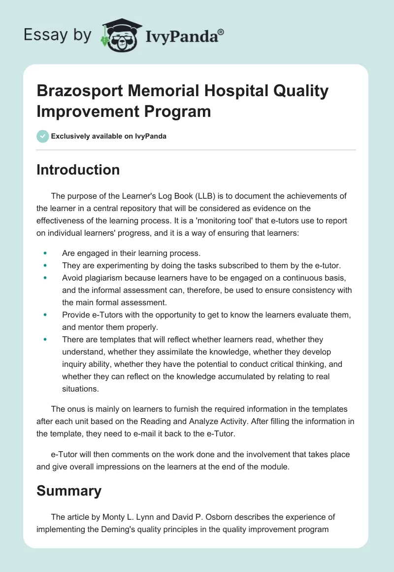 Brazosport Memorial Hospital Quality Improvement Program. Page 1