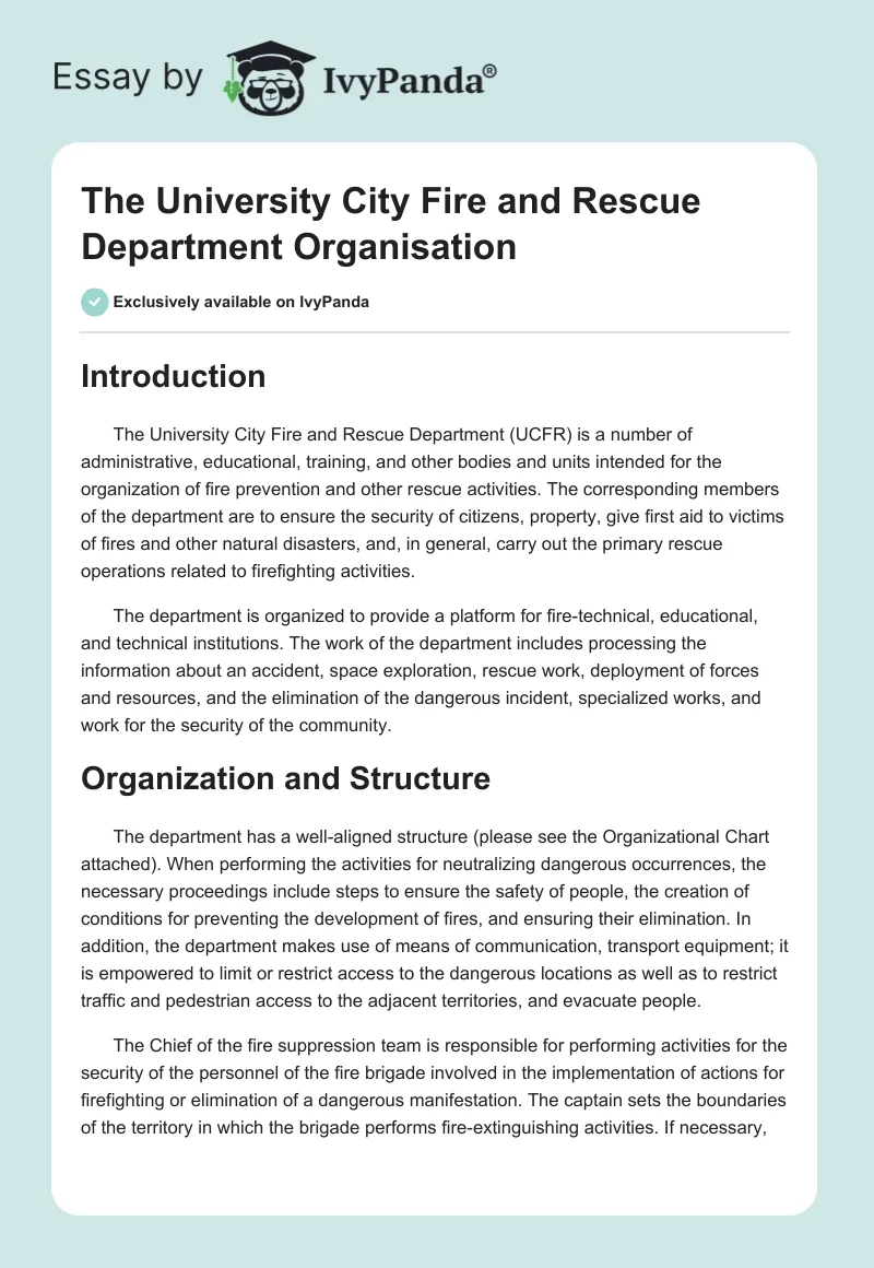 The University City Fire and Rescue Department Organisation. Page 1