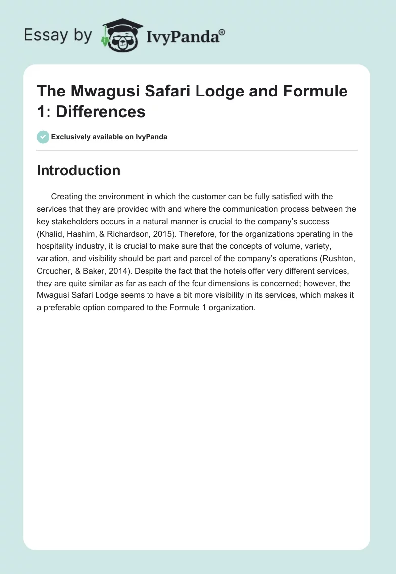 The Mwagusi Safari Lodge and Formule 1: Differences. Page 1
