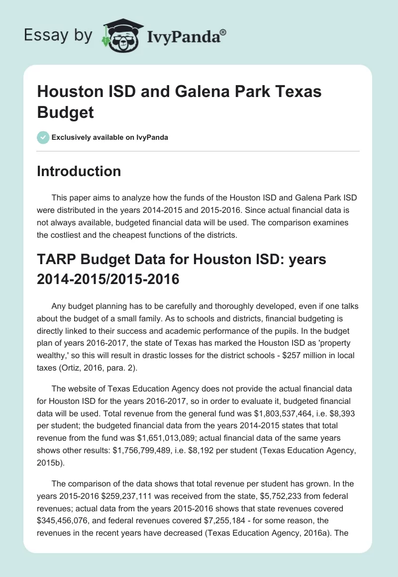Houston ISD and Galena Park Texas Budget. Page 1