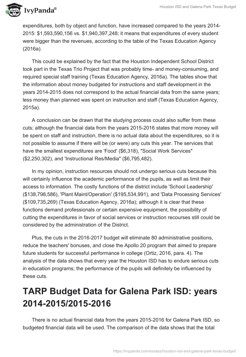 Houston ISD and Galena Park Texas Budget. Page 2