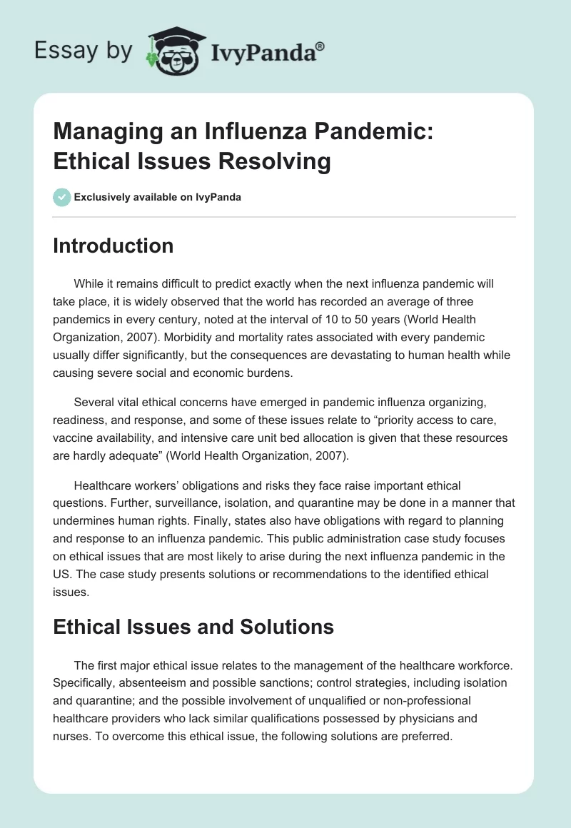 Managing an Influenza Pandemic: Ethical Issues Resolving. Page 1