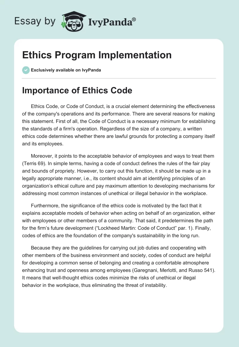 Ethics Program Implementation. Page 1