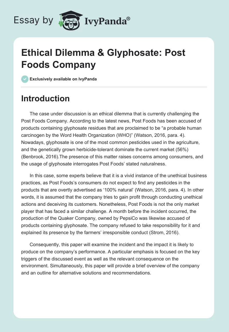 Ethical Dilemma & Glyphosate: Post Foods Company. Page 1