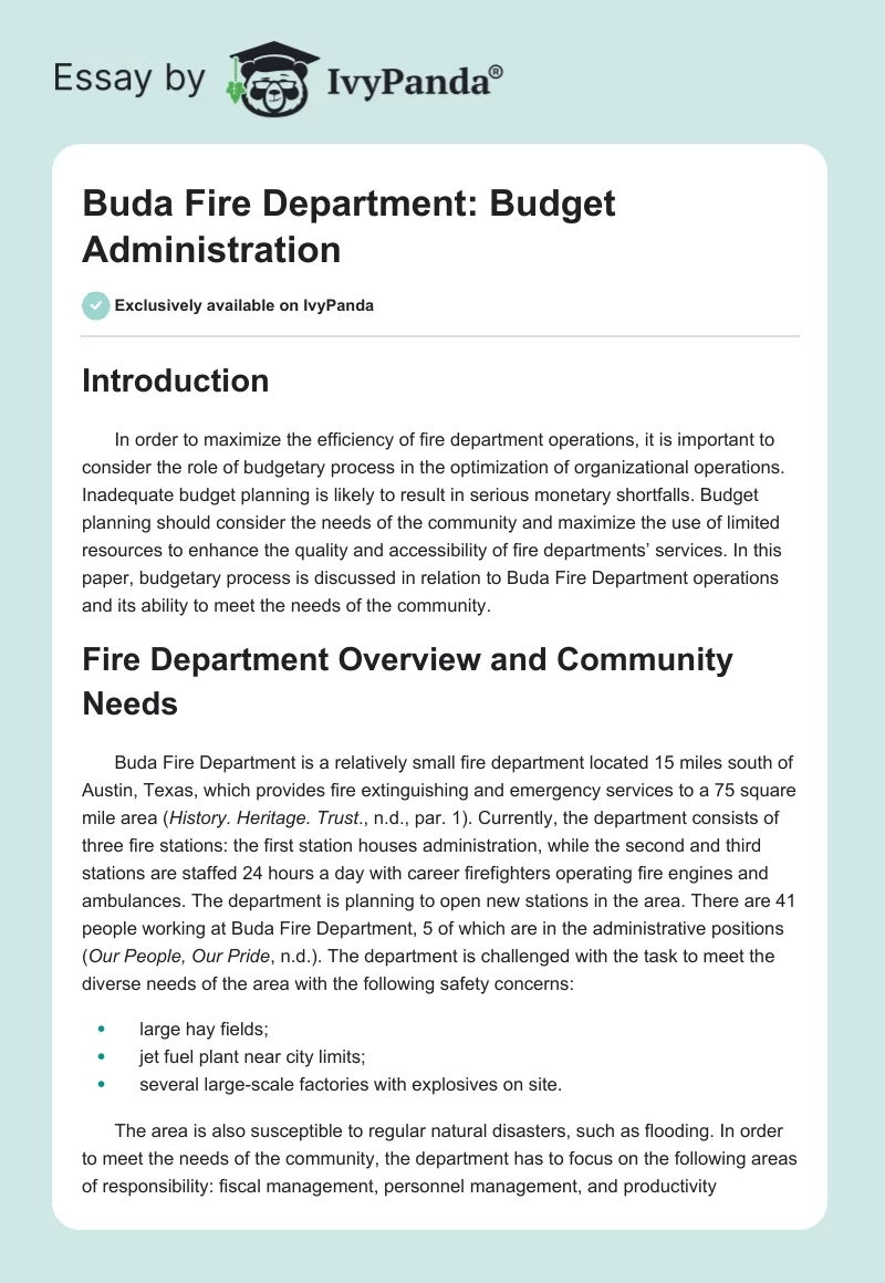 Buda Fire Department: Budget Administration. Page 1