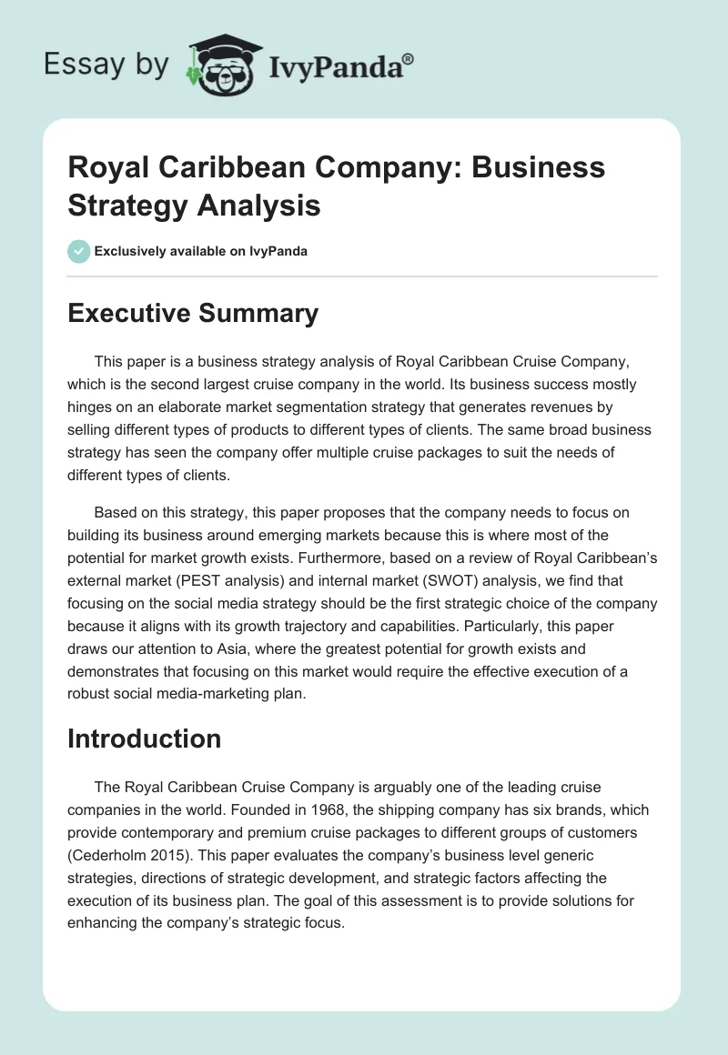 Royal Caribbean Company: Business Strategy Analysis. Page 1