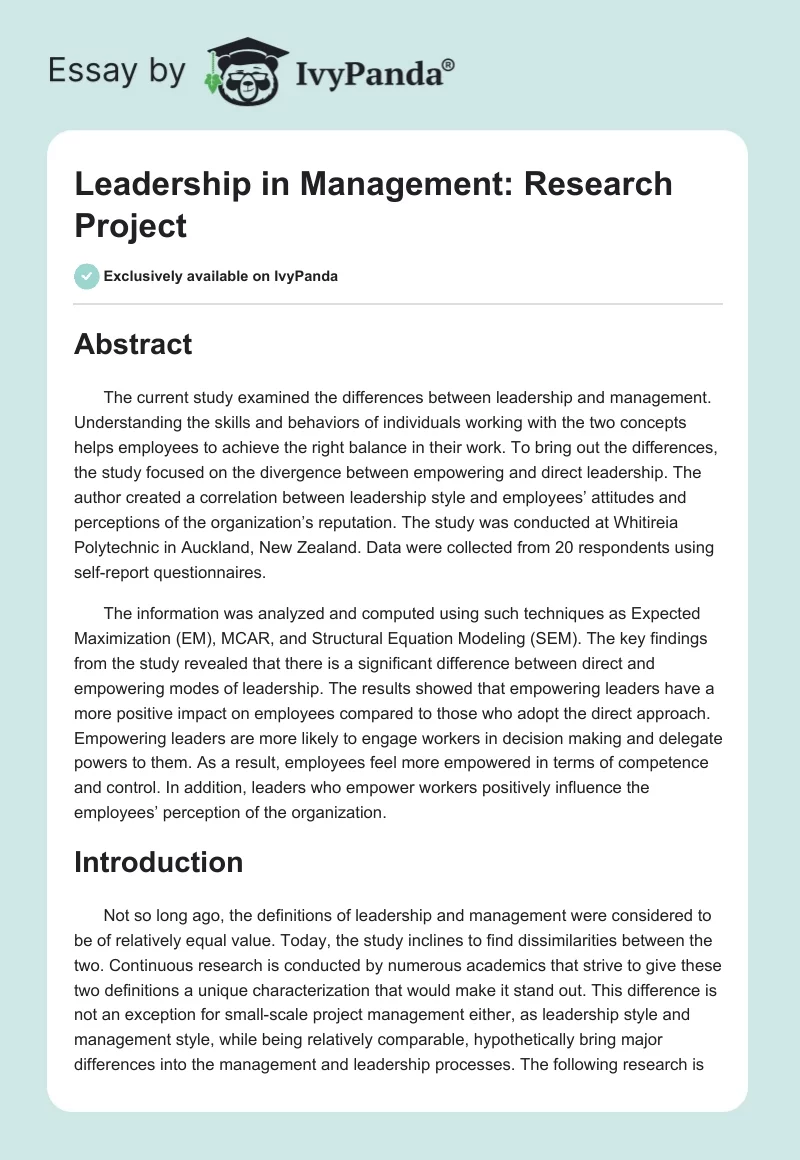 Leadership in Management: Research Project. Page 1