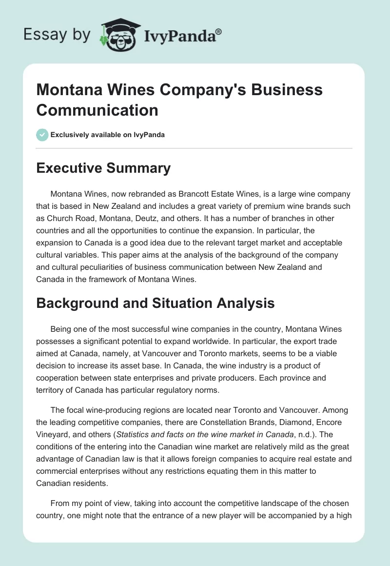Montana Wines Company's Business Communication. Page 1