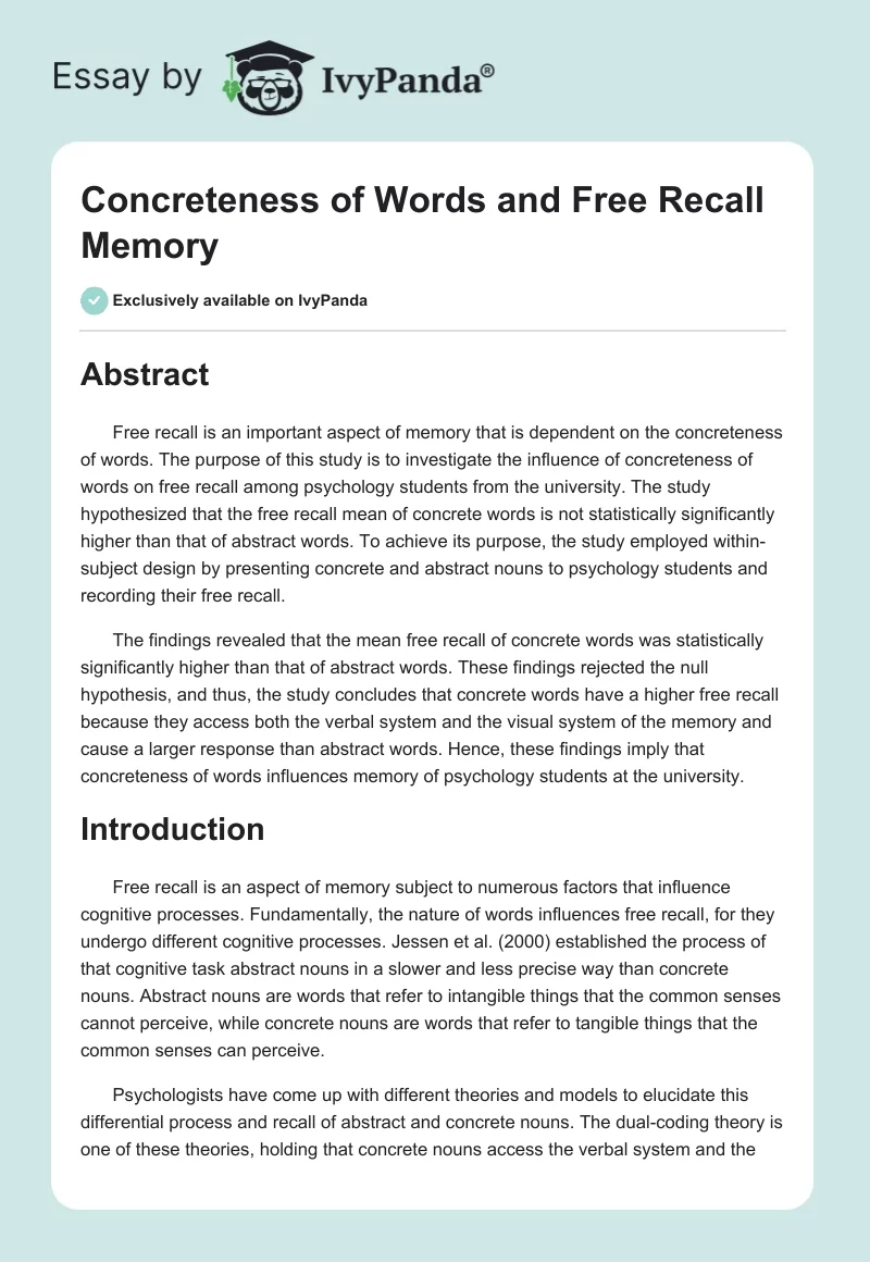 Concreteness of Words and Free Recall Memory. Page 1
