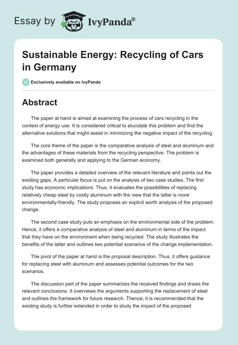 Sustainable Energy: Recycling of Cars in Germany. Page 1