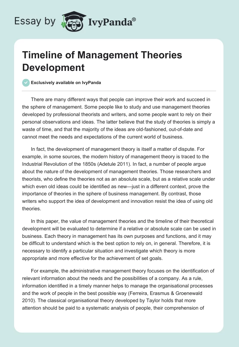 Timeline of Management Theories Development. Page 1