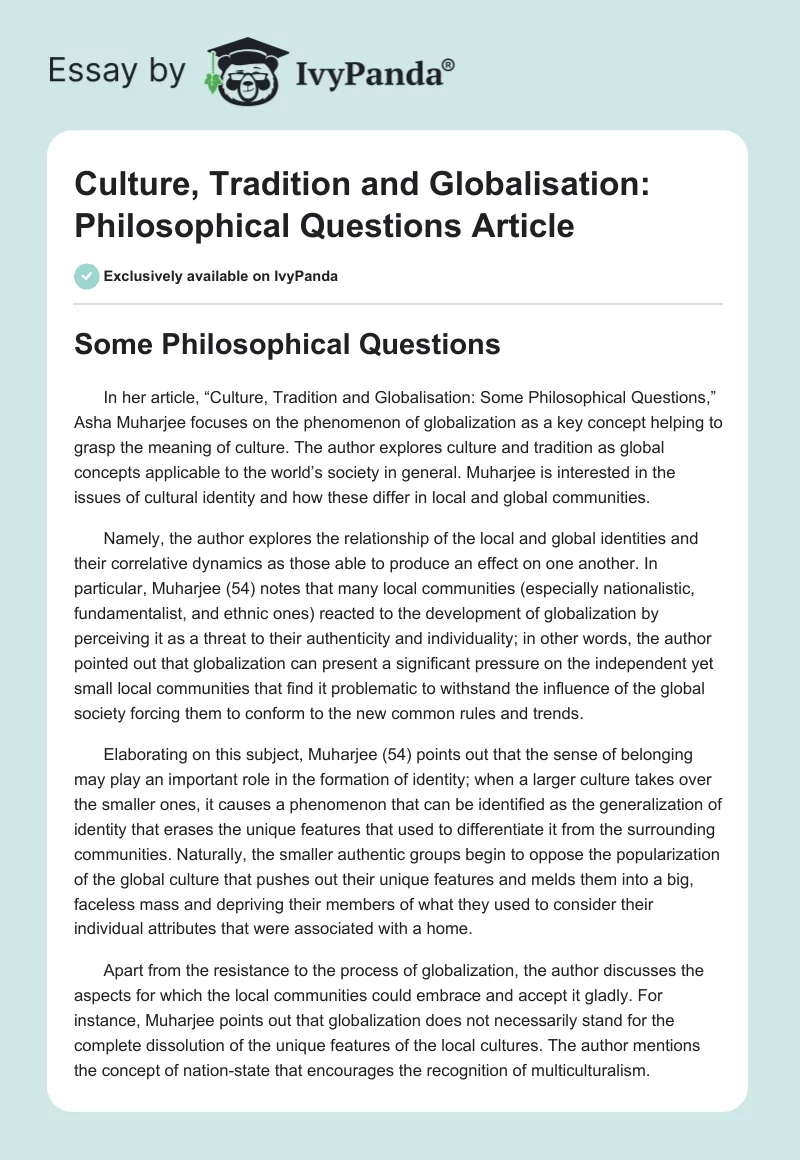 "Culture, Tradition and Globalisation: Philosophical Questions" Article. Page 1
