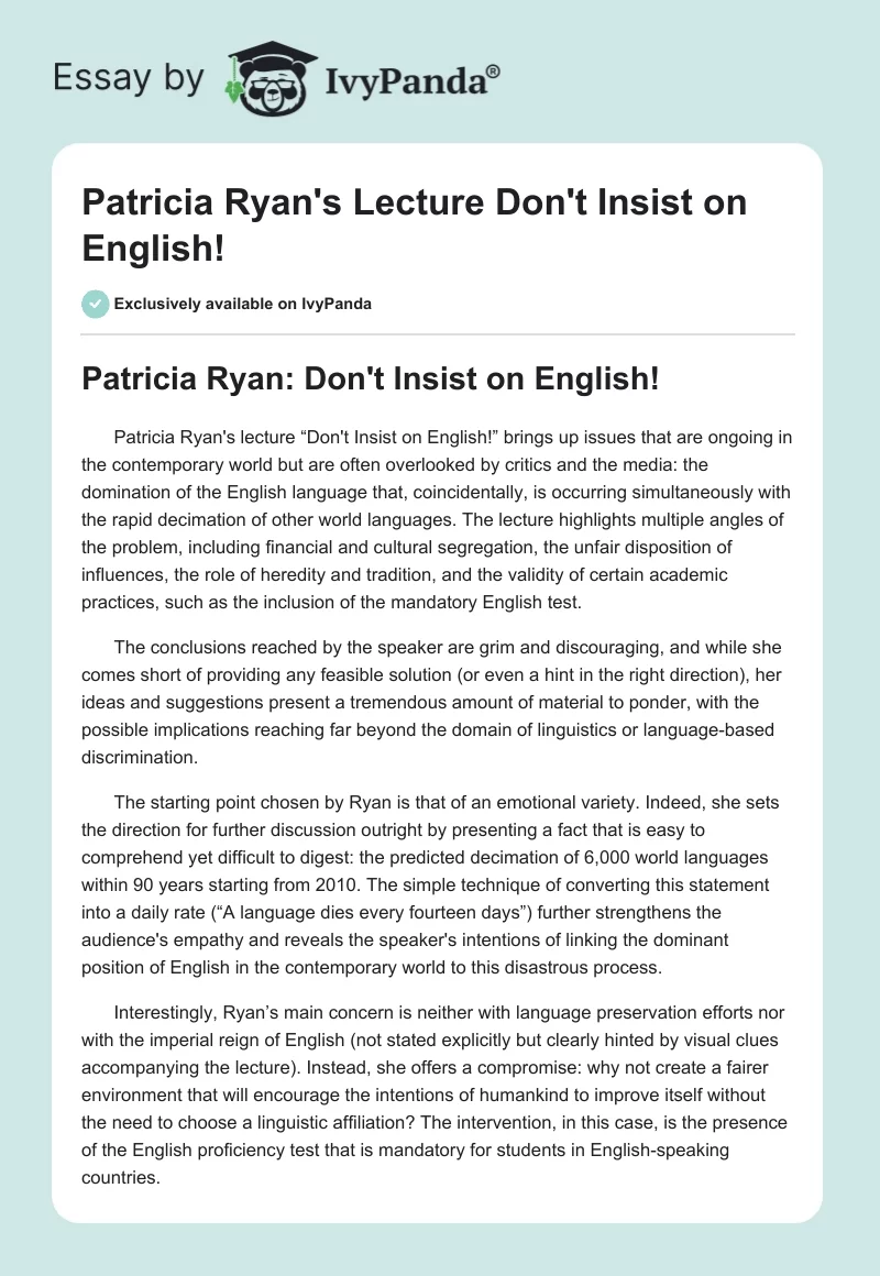 Patricia Ryan's Lecture "Don't Insist on English!". Page 1