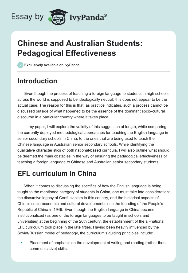 Chinese and Australian Students: Pedagogical Effectiveness. Page 1