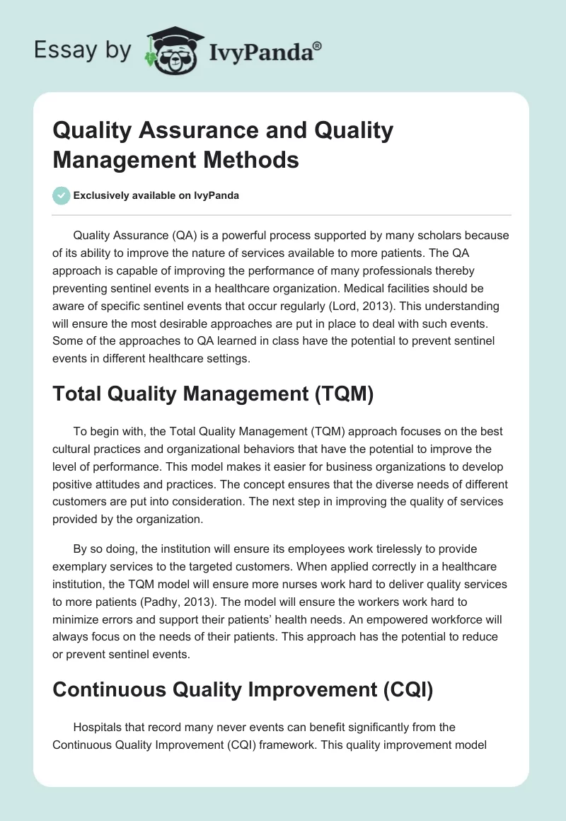 Quality Assurance and Quality Management Methods. Page 1