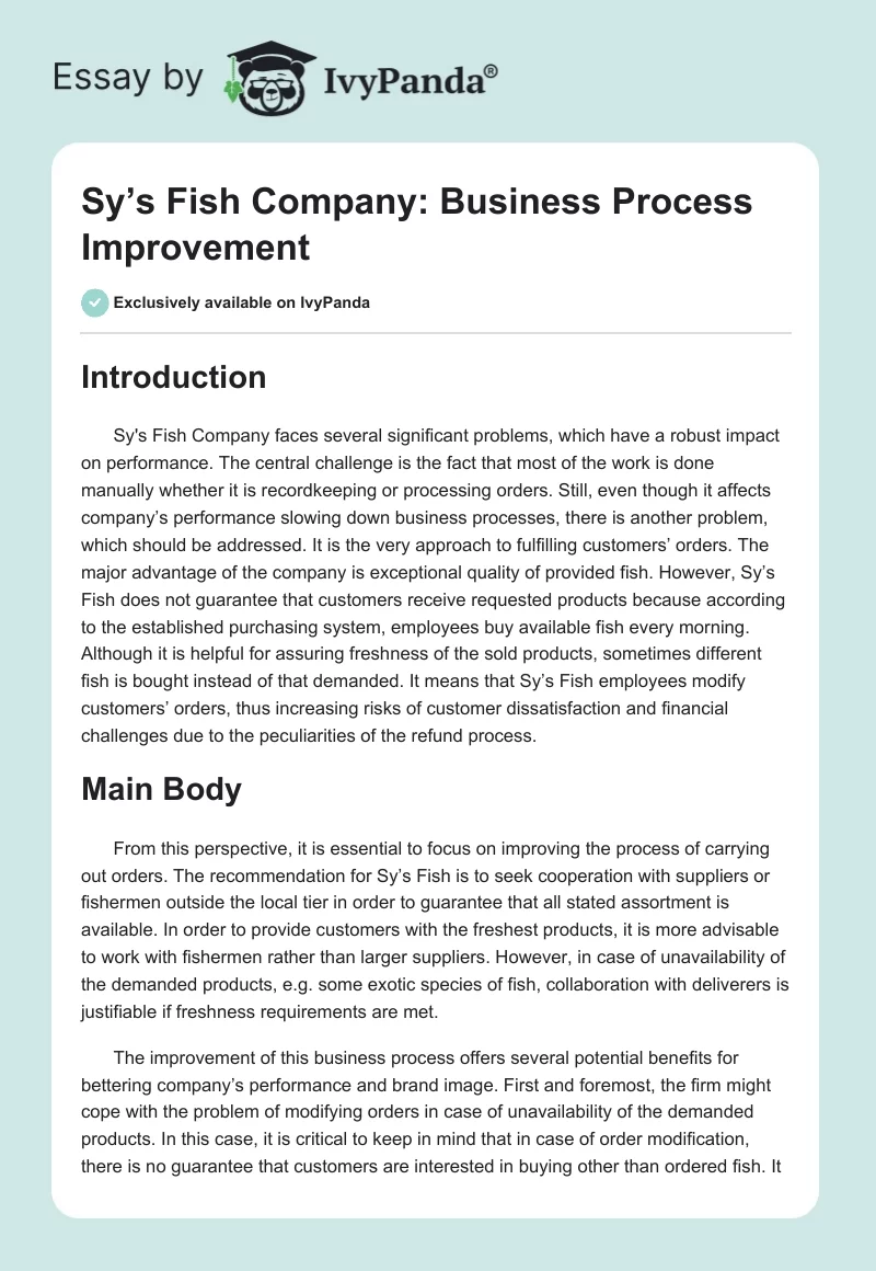 Sy’s Fish Company: Business Process Improvement. Page 1