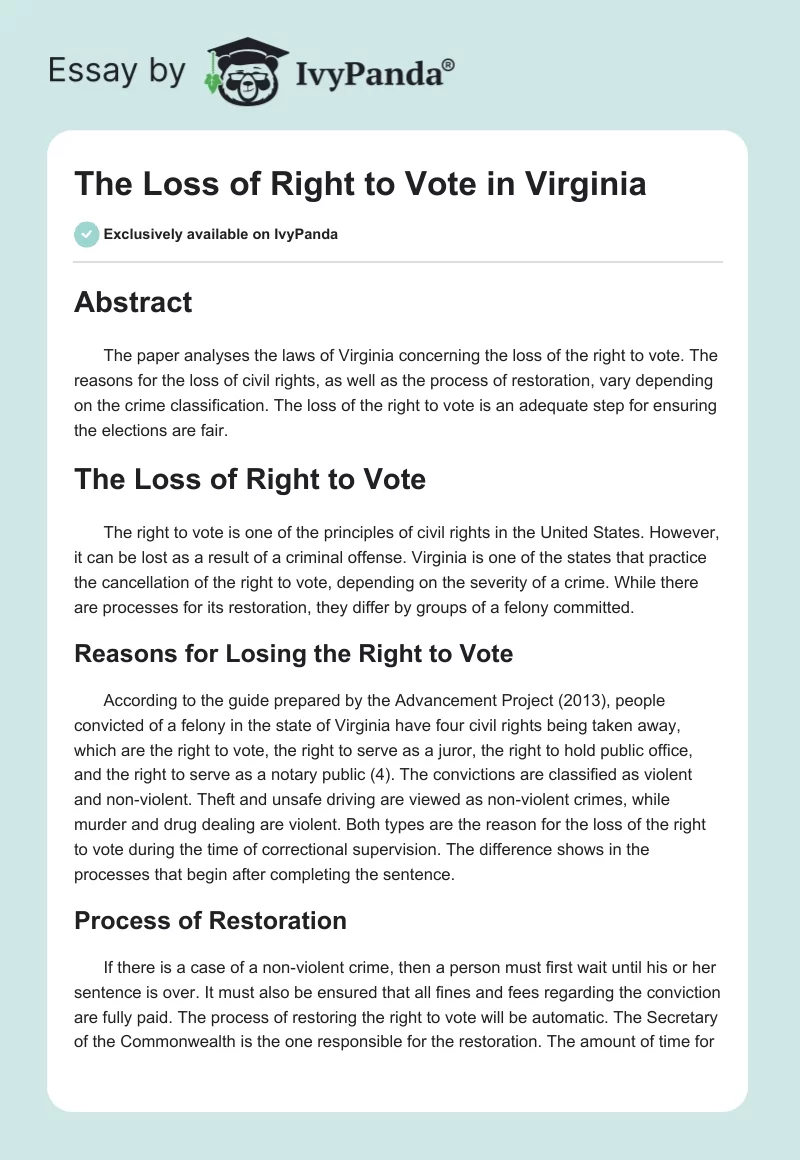 The Loss of Right to Vote in Virginia. Page 1